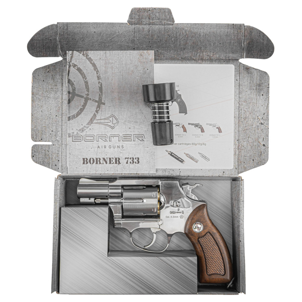 Пневматический револьвер Borner 733 Silver (Борнер 733 хромированный с коричневой ручкой)