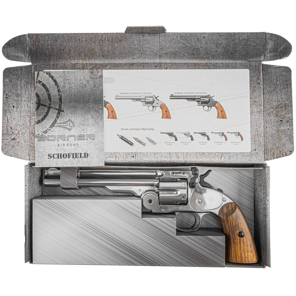 Пневматичний револьвер Borner Schofield Silver (Борнер Шофілд хромована копія Smith & Wesson Model 3)