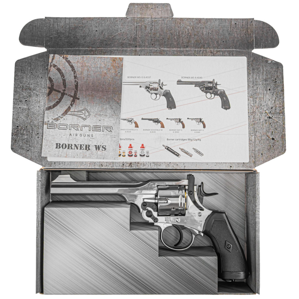 Пневматический револьвер Borner WS Silver (Борнер ВС копия Webley & Scott хромированный)
